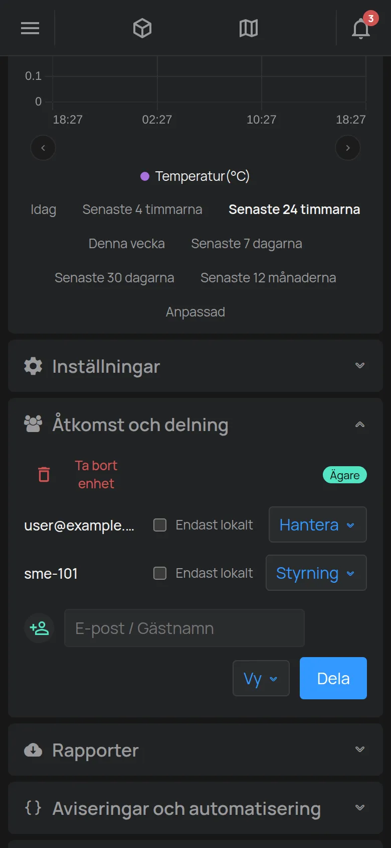 Avsnittet Åtkomst och delning med listan över konton och formuläret för ett nytt konto