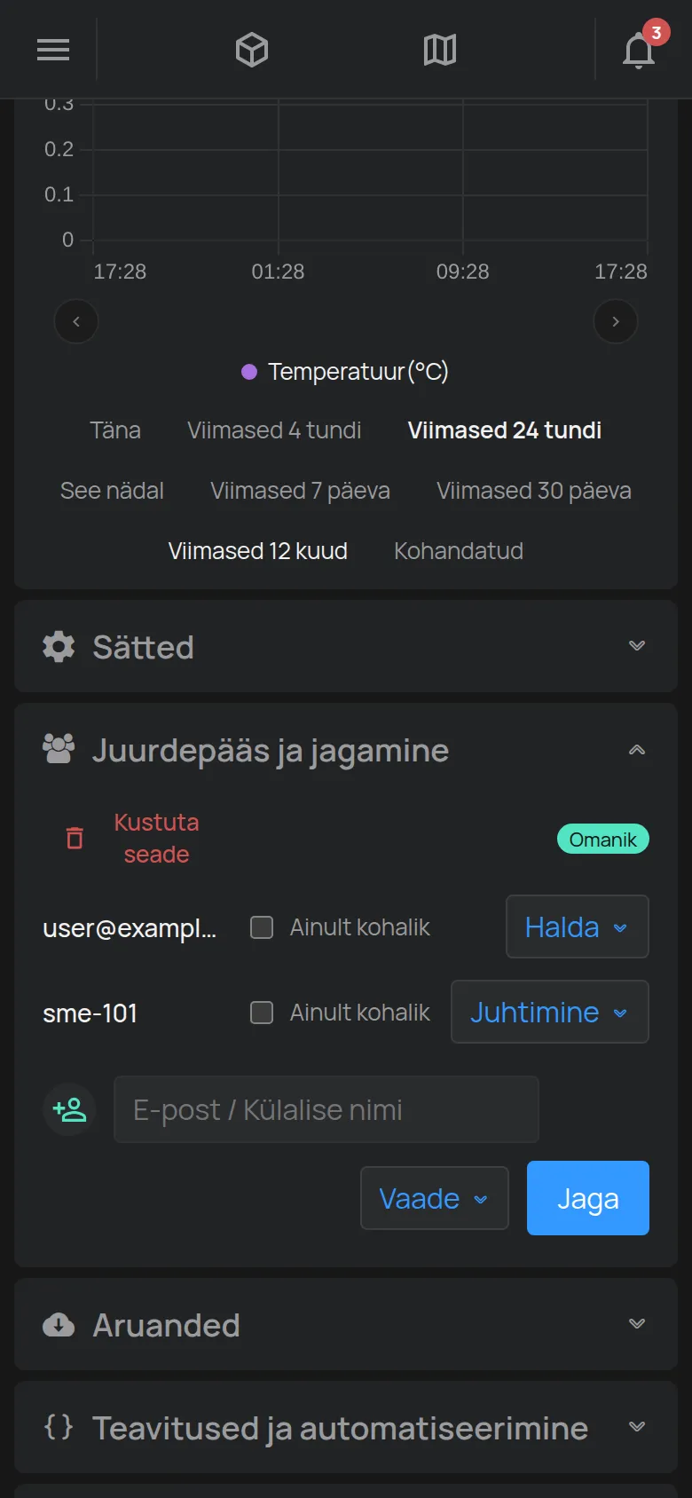 Jaotis Juurdepääs ja jagamine kontode loendi ja uue konto vormiga