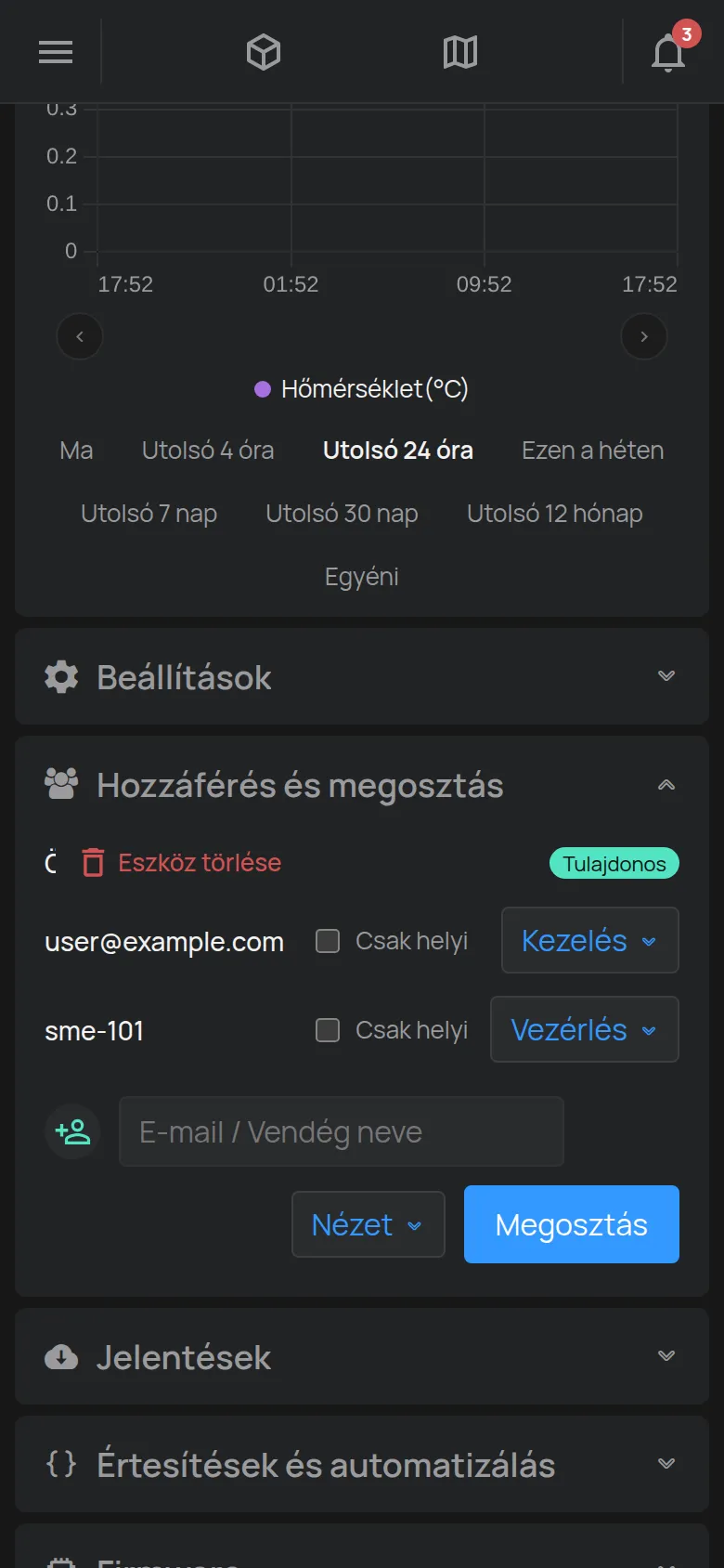 A Hozzáférés és megosztás rész a fiókok listájával és az új fiók űrlapjával