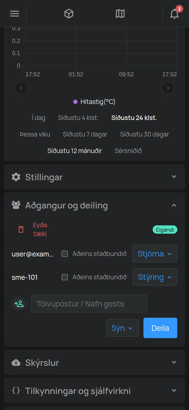 Hlutinn Aðgangur og deiling með lista reikninganna og eyðublaðinu fyrir nýjan reikning