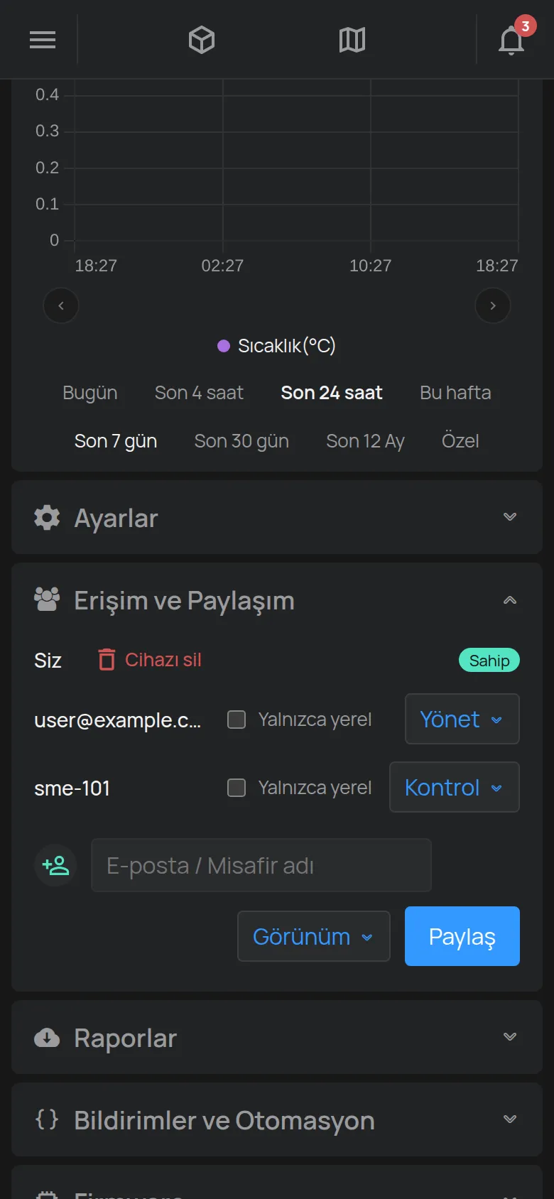 Hesap listesi ve yeni bir hesap için formla Erişim ve Paylaşım bölümü