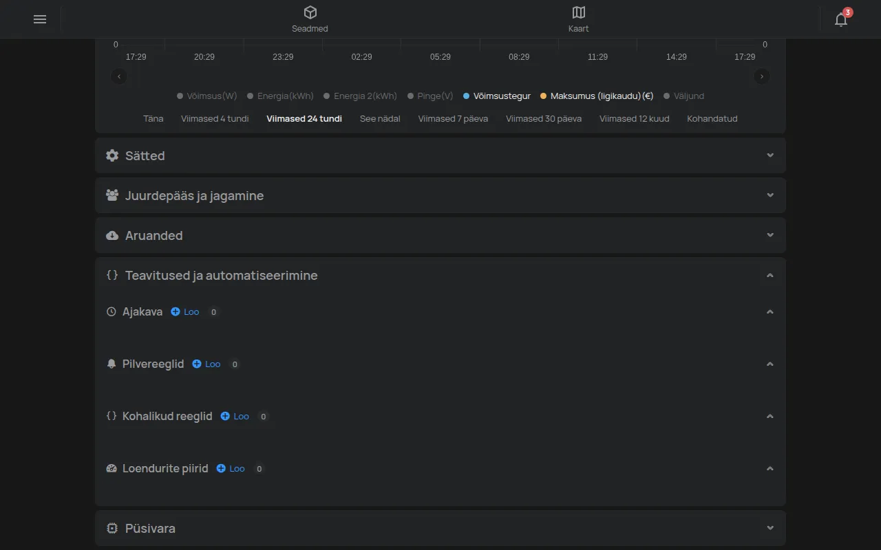 Jaotis Teavitused ja automatiseerimine ajakava ja reeglitega