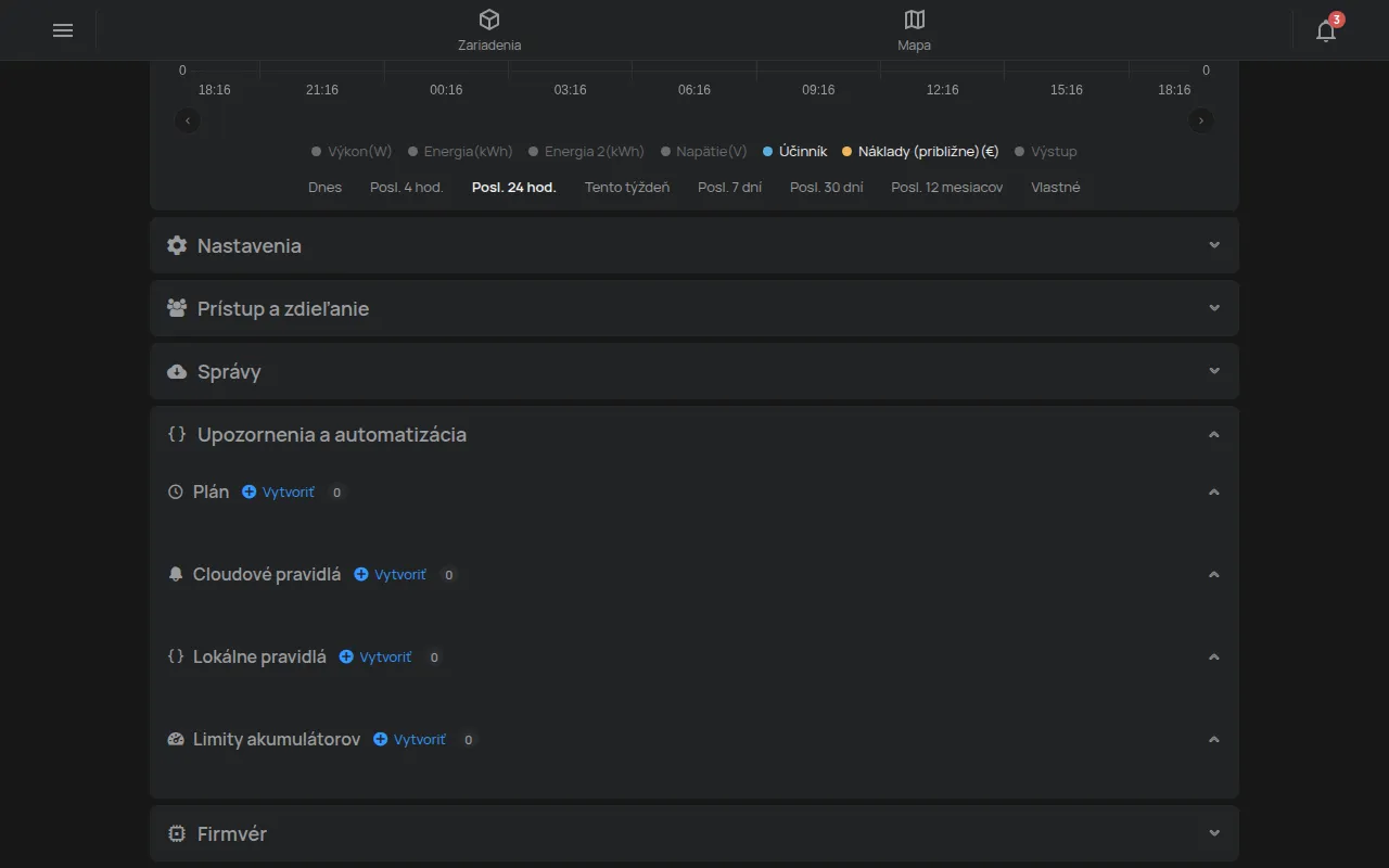 Časť Upozornenia a automatizácia s plánom a pravidlami