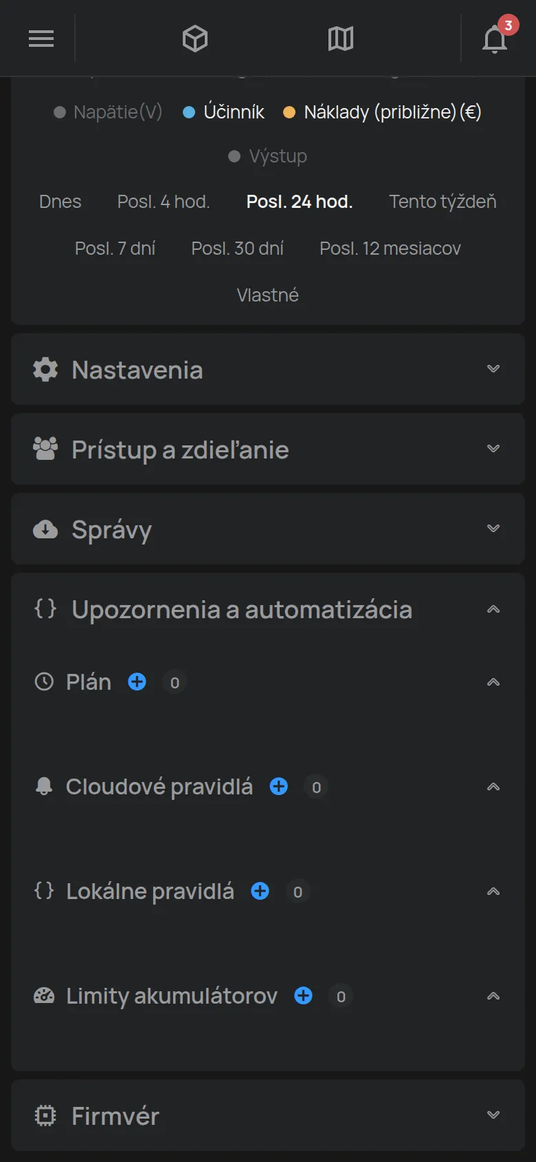 Časť Upozornenia a automatizácia s plánom a pravidlami
