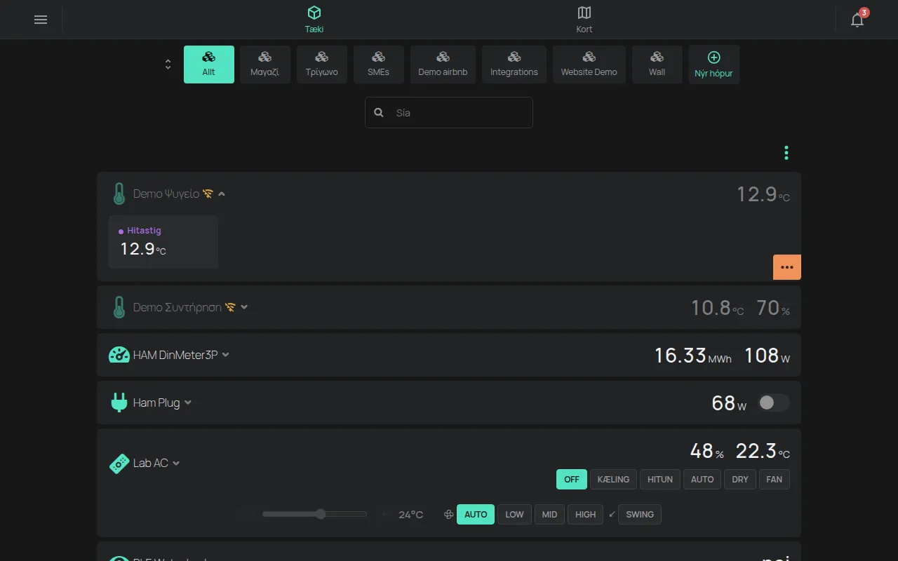 Opið spjald tækis með öllum mælingunum