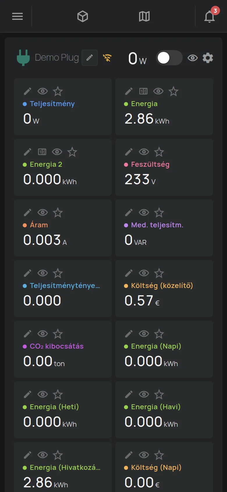 Egy konnektor oldala szerkesztési módban, eszközökkel minden cellán