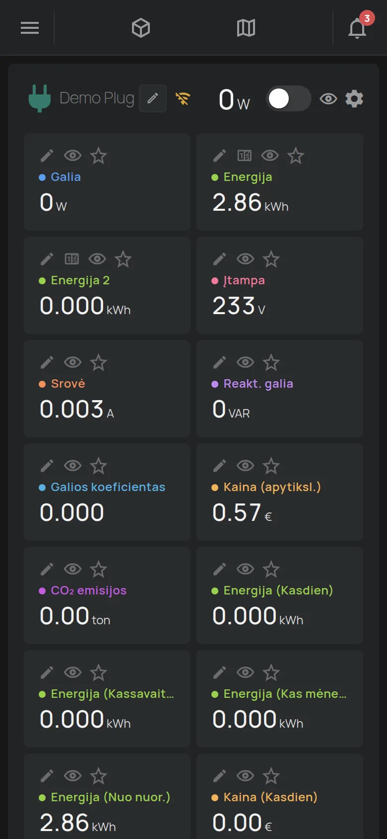 Kištukinio lizdo puslapis redagavimo režime su įrankiais kiekviename langelyje