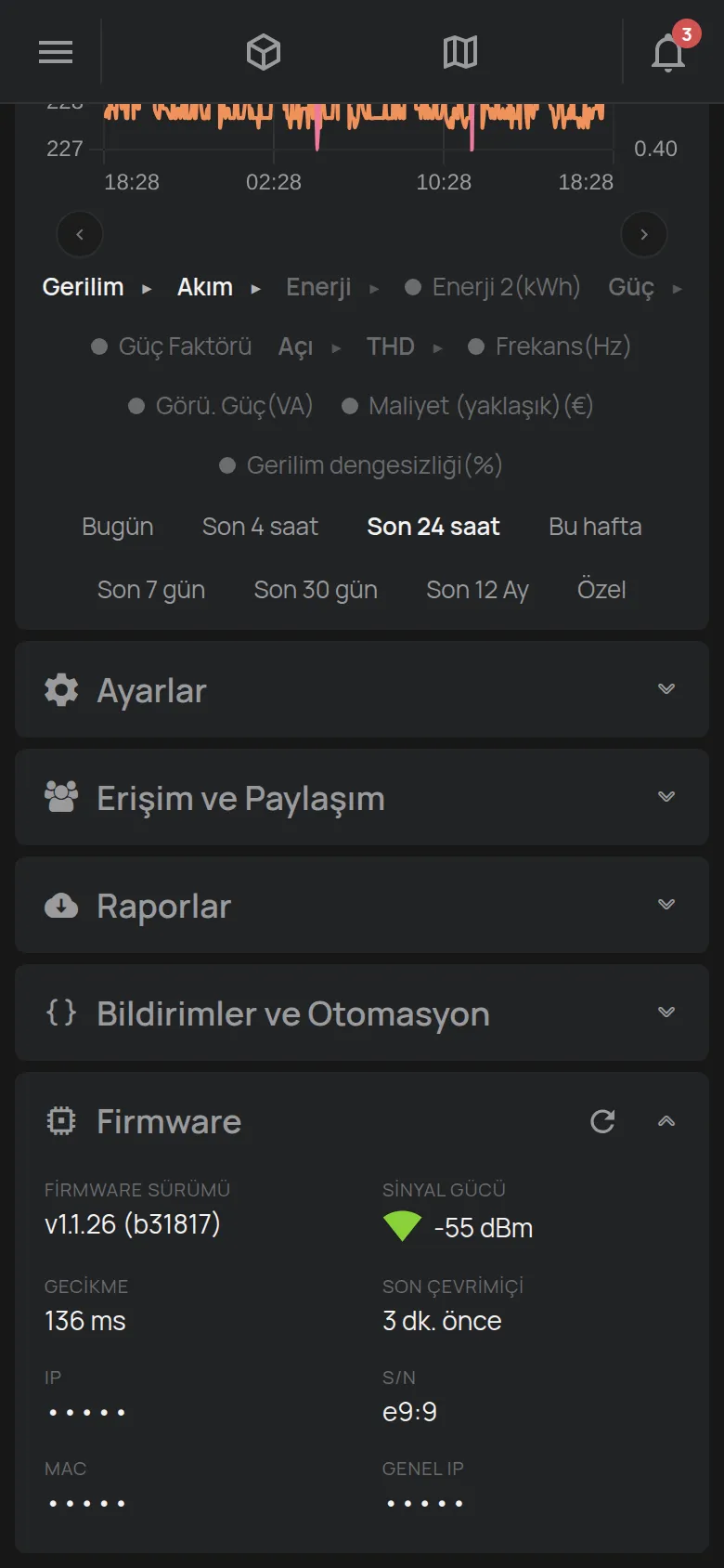 Sürüm, sinyal gücü ve gecikmeyle Firmware bölümü