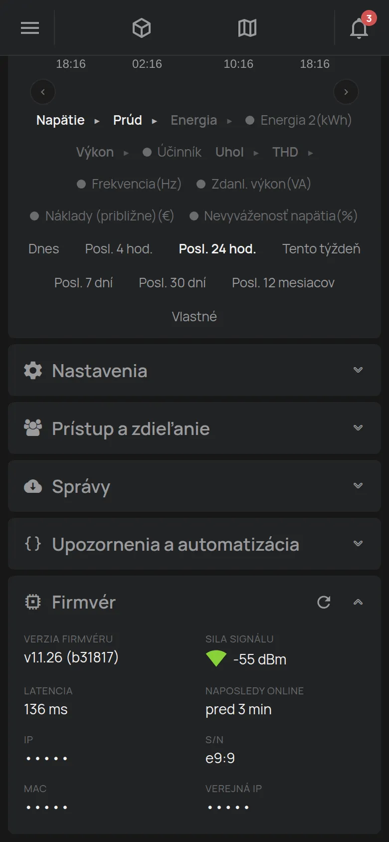 Časť Firmvér s verziou, silou signálu a latenciou