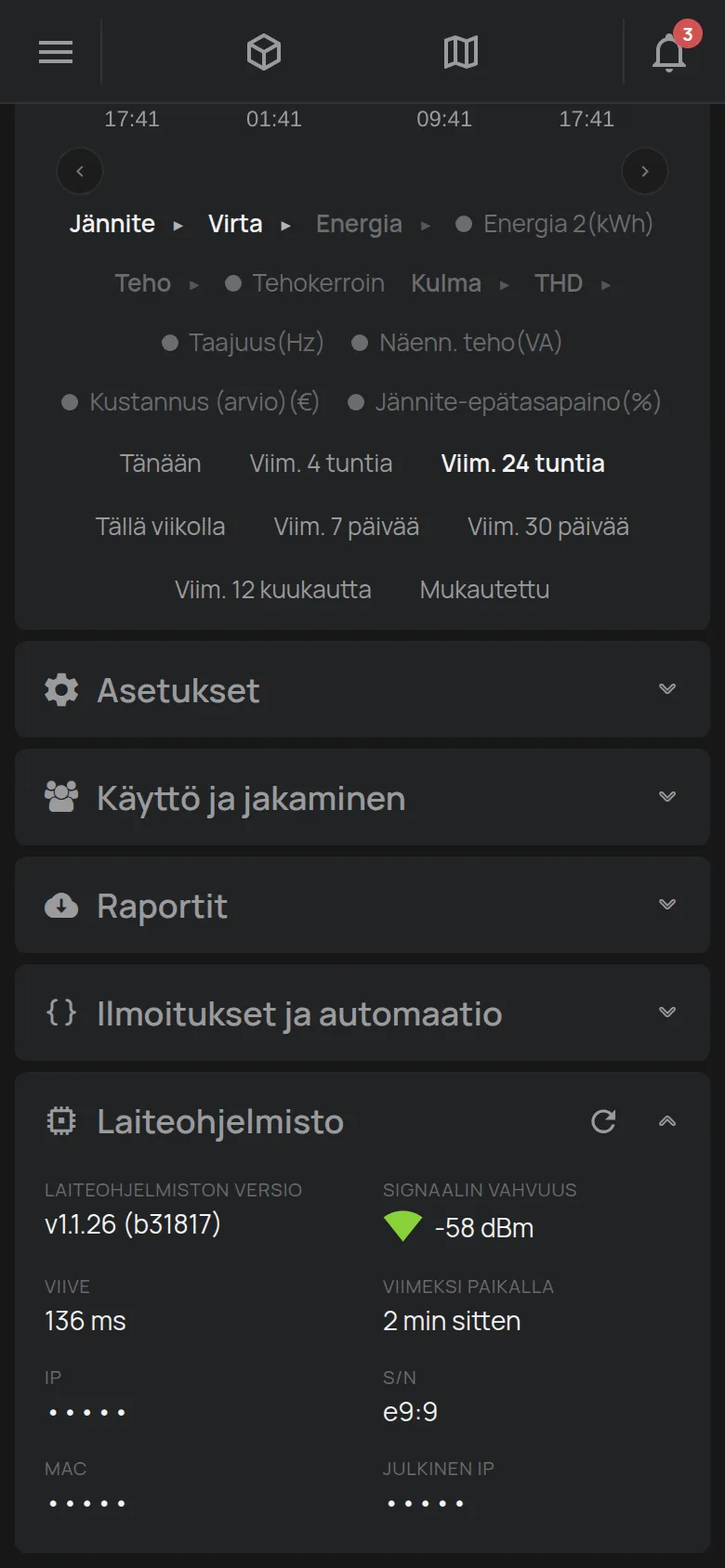 Laiteohjelmisto-osio, versio, signaalin vahvuus ja viive