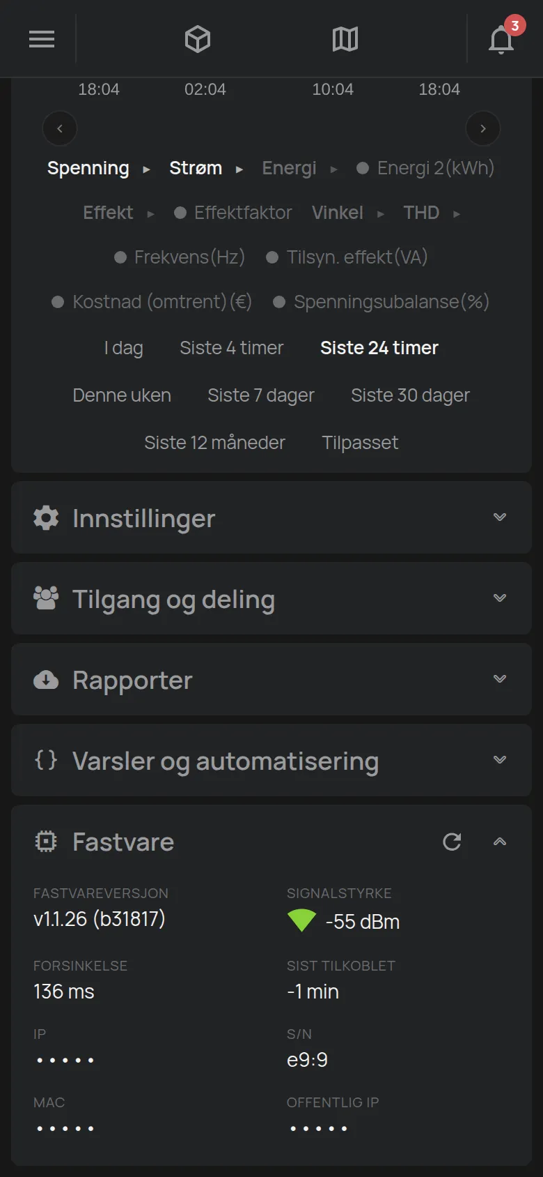 Delen Fastvare med versjonen, signalstyrken og forsinkelsen