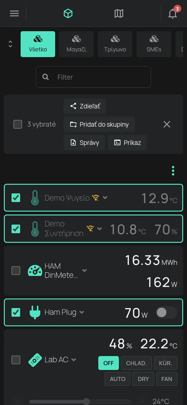 Lišta výberu s vybranými zariadeniami v zozname zariadení