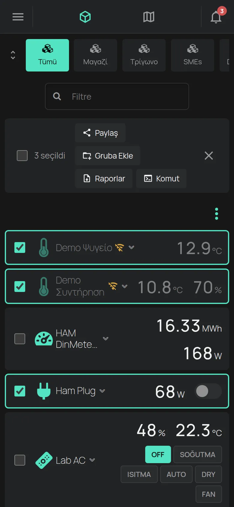 Cihaz listesinde seçili cihazlarla seçim çubuğu
