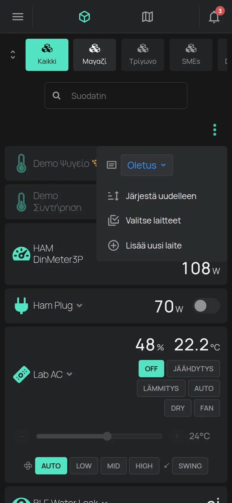 Laiteluettelon Työkalut-valikko ja Lisää uusi laite