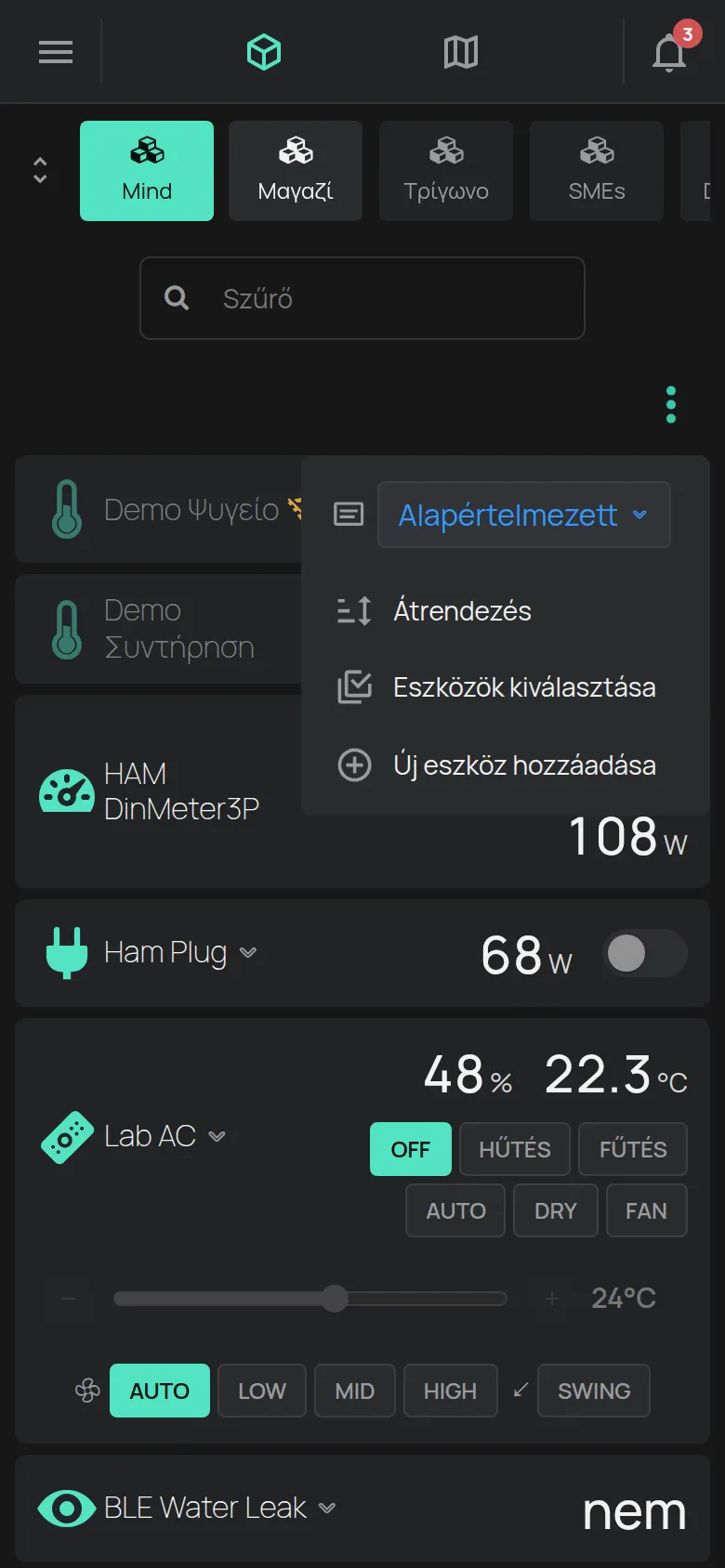 Az eszközlista Eszközök menüje az Új eszköz hozzáadása elemmel