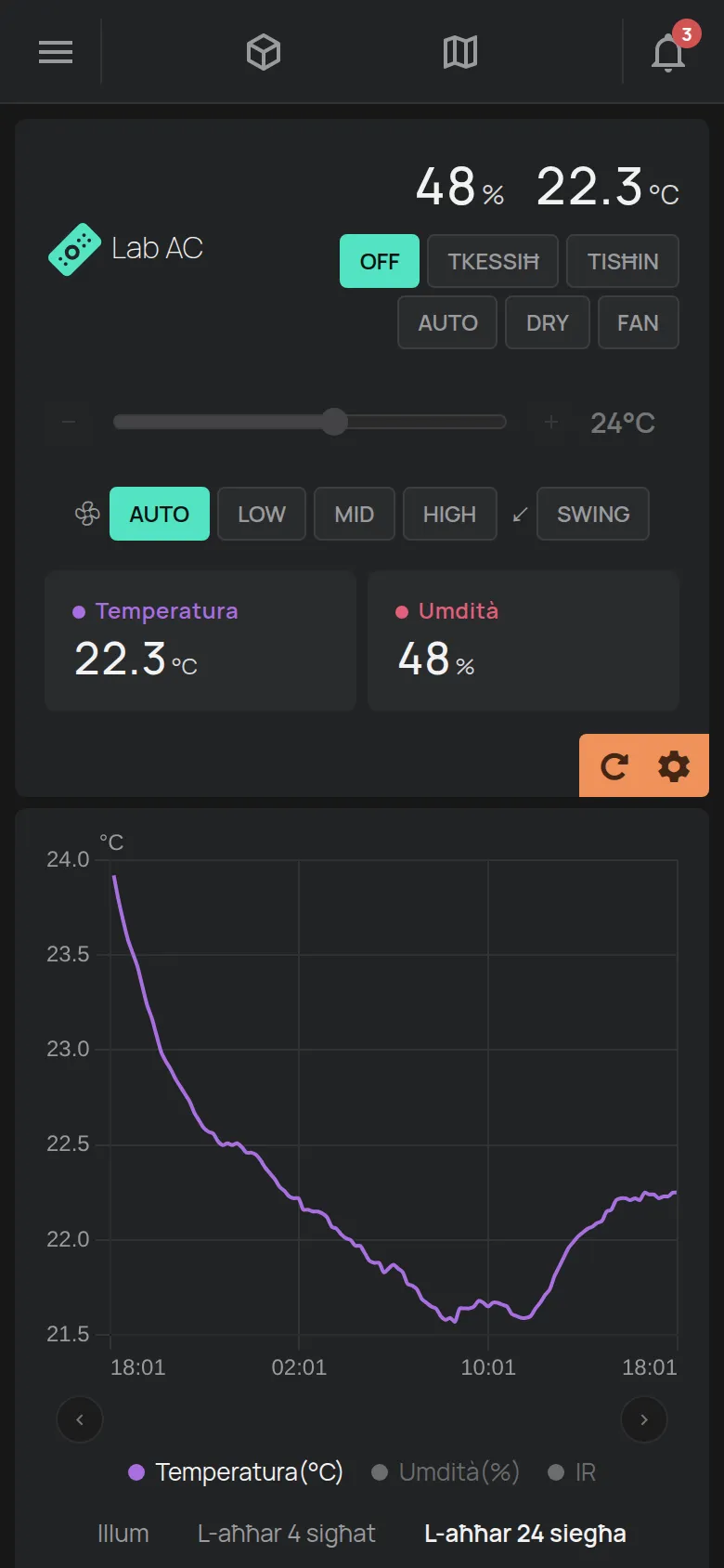 Il-paġna ta' air conditioner bil-modalitajiet, it-temperatura u l-fann