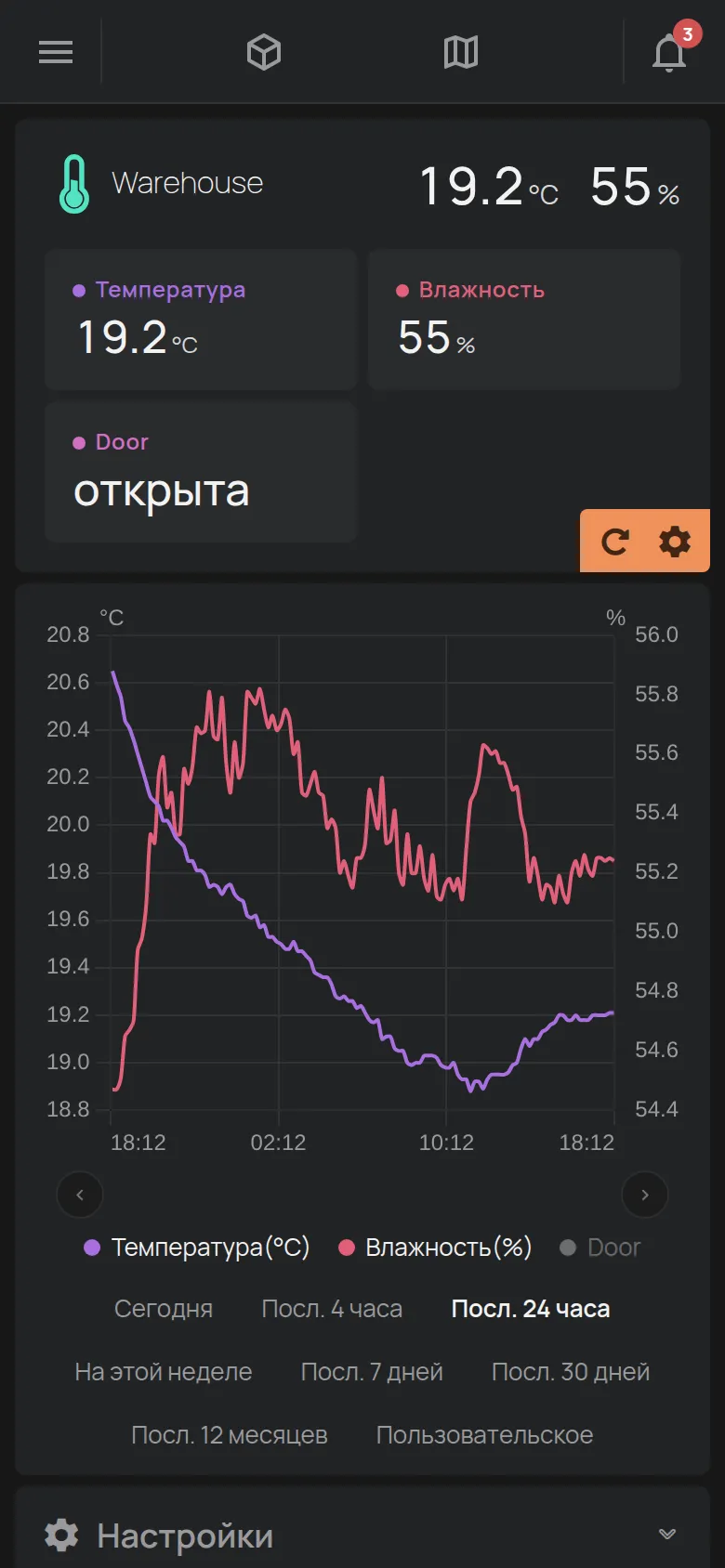 Страница устройства температуры с его показаниями