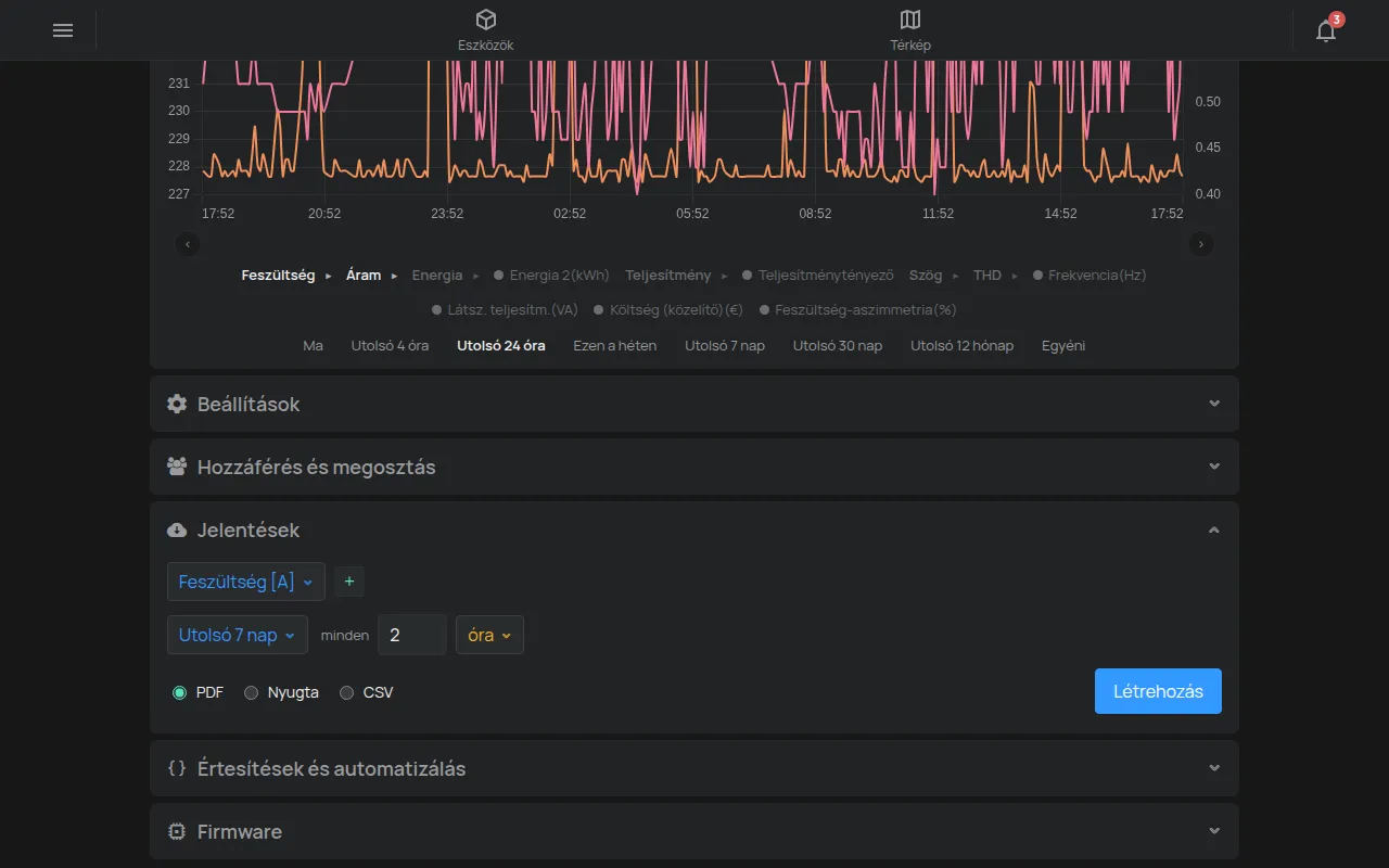A Jelentések rész a méréssel, a tartománnyal, a lépésközzel és a fájlformátummal