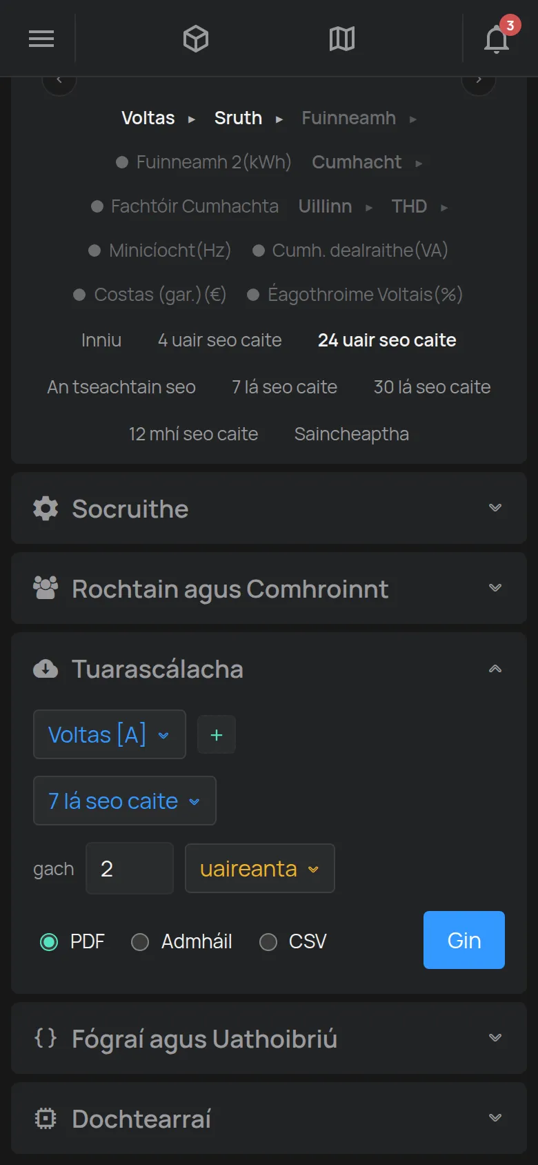 An chuid Tuarascálacha leis an léamh, an raon, an chéim agus formáid an chomhaid