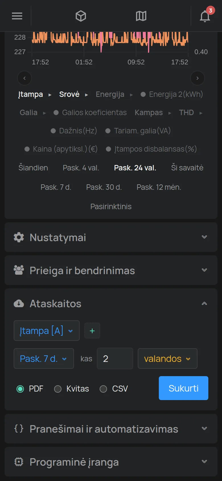 Skyrius Ataskaitos su rodmeniu, intervalu, žingsniu ir failo formatu