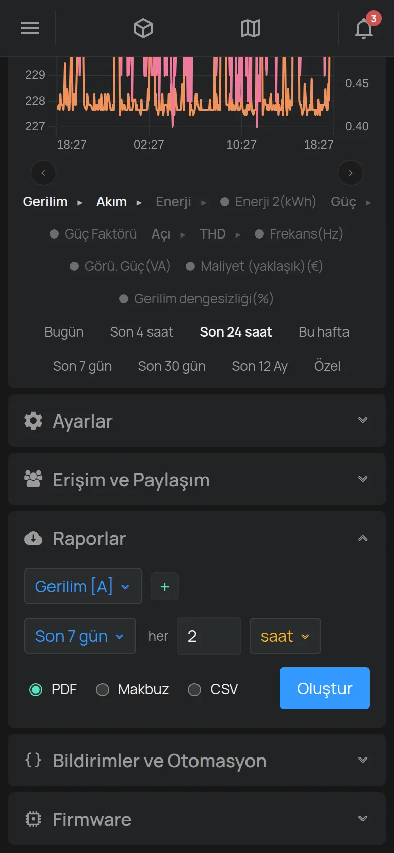 Ölçüm, aralık, adım ve dosya biçimiyle Raporlar bölümü