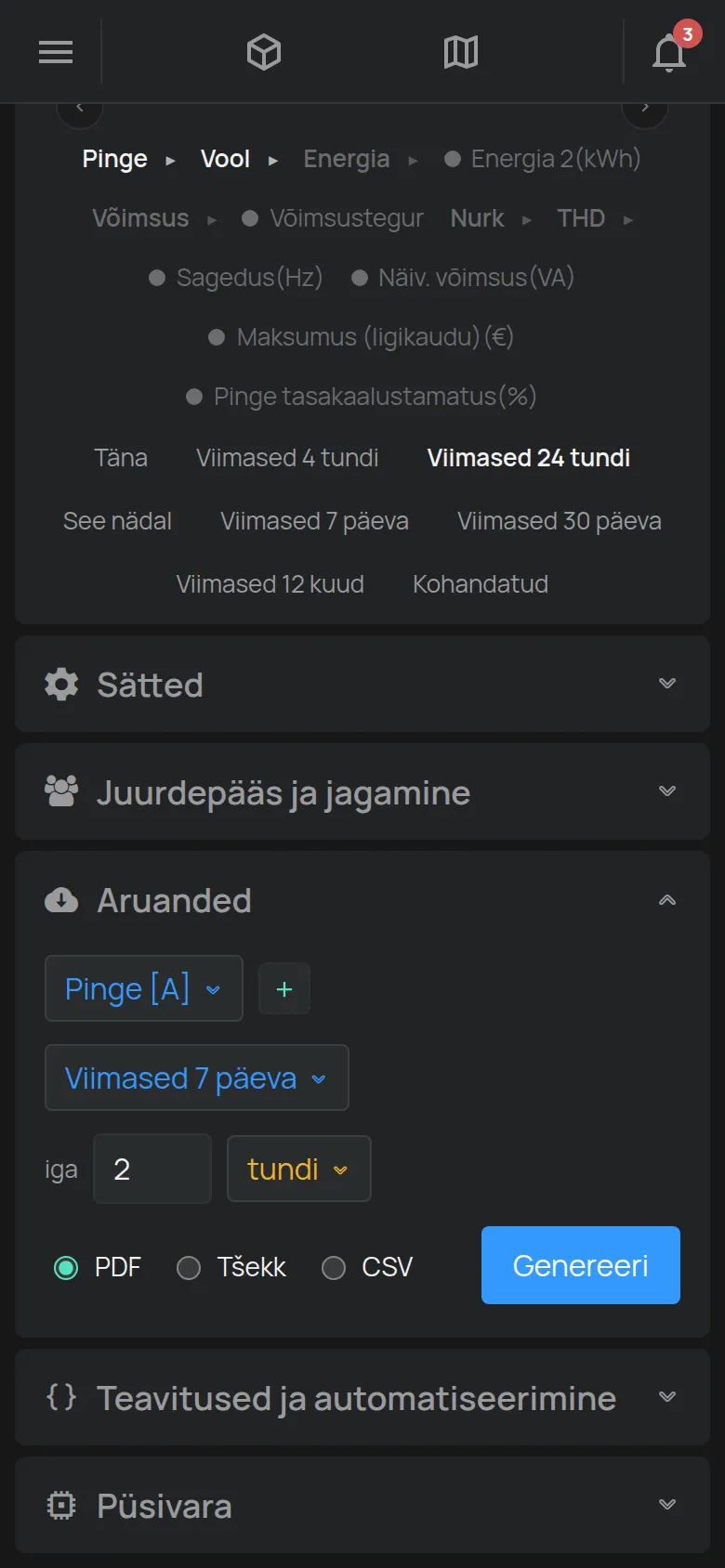 Jaotis Aruanded näidu, vahemiku, sammu ja failivorminguga