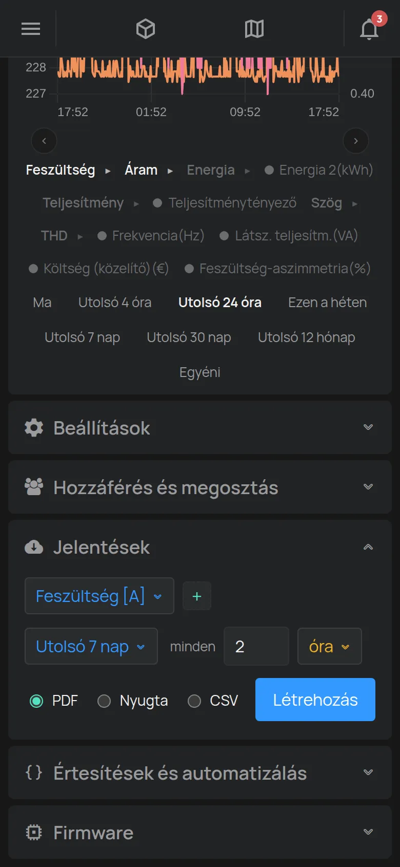 A Jelentések rész a méréssel, a tartománnyal, a lépésközzel és a fájlformátummal