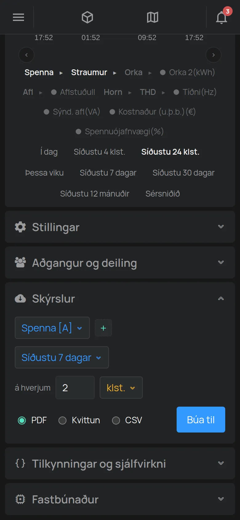 Hlutinn Skýrslur með mælingunni, tímabilinu, skrefinu og skráarsniðinu