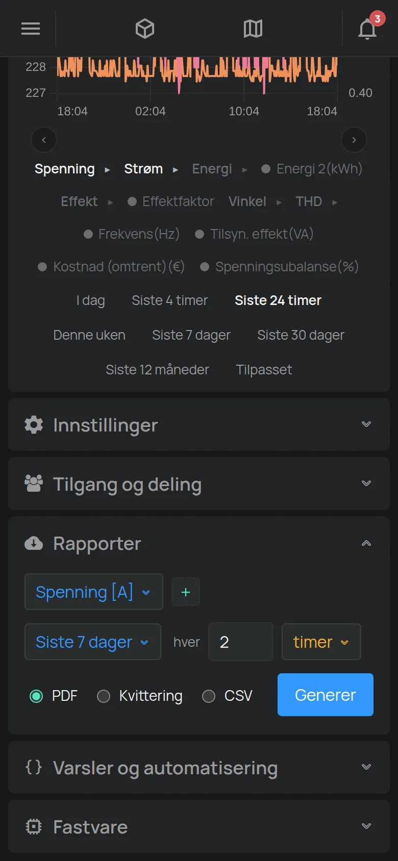 Delen Rapporter med avlesningen, området, intervallet og filformatet