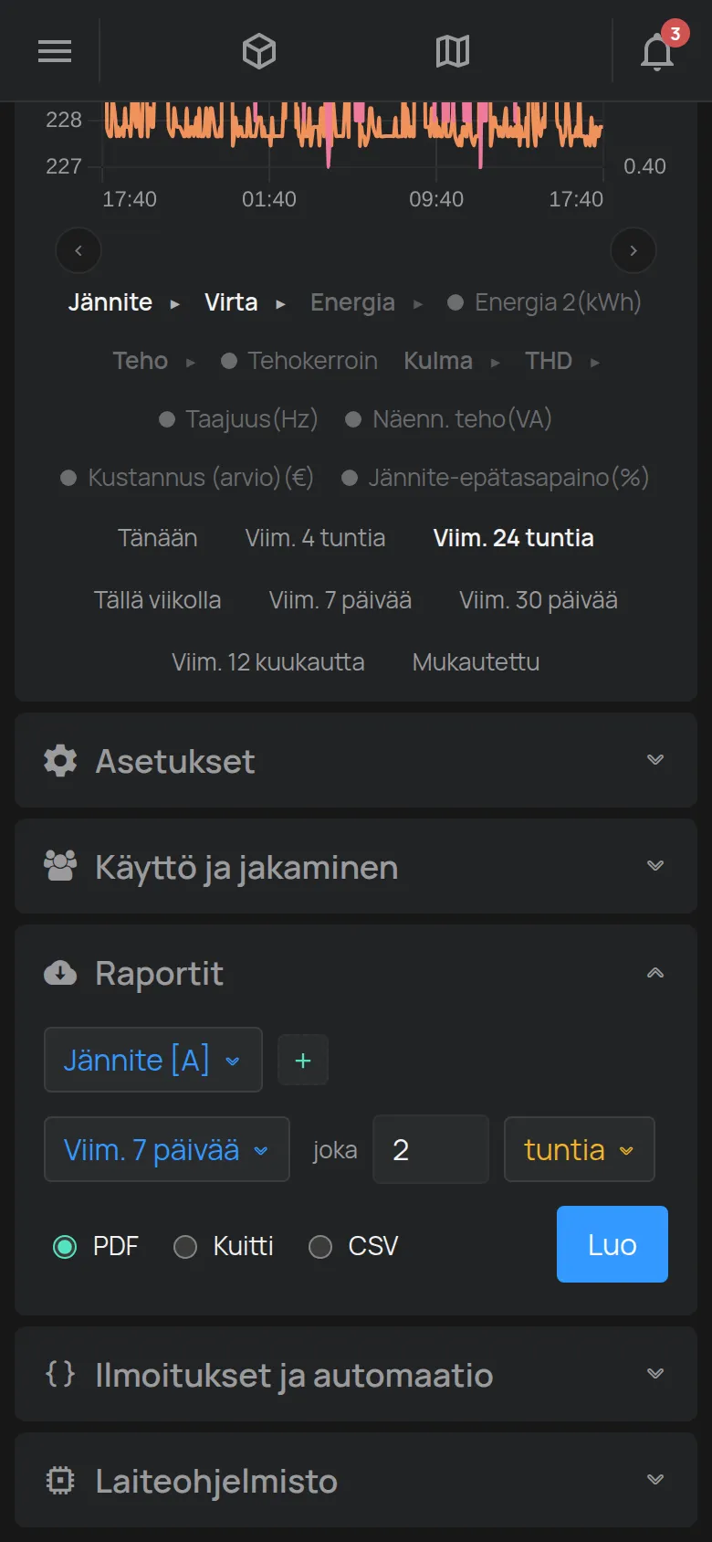 Raportit-osio, mittaus, aikaväli, askel ja tiedostomuoto