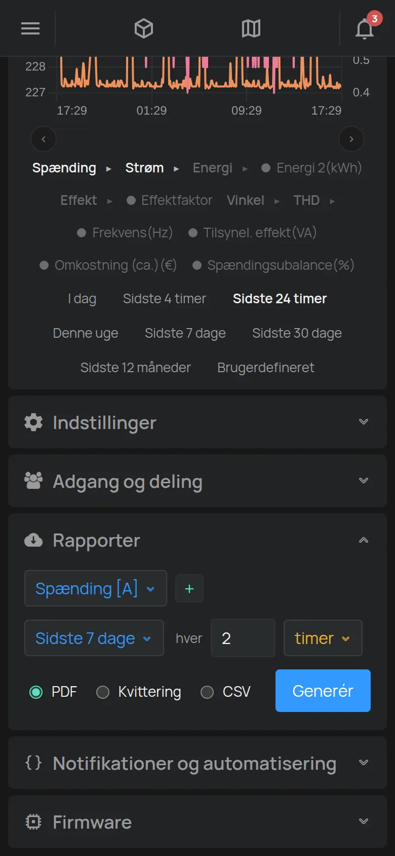 Sektionen Rapporter med målingen, intervallet, trinnet og filformatet