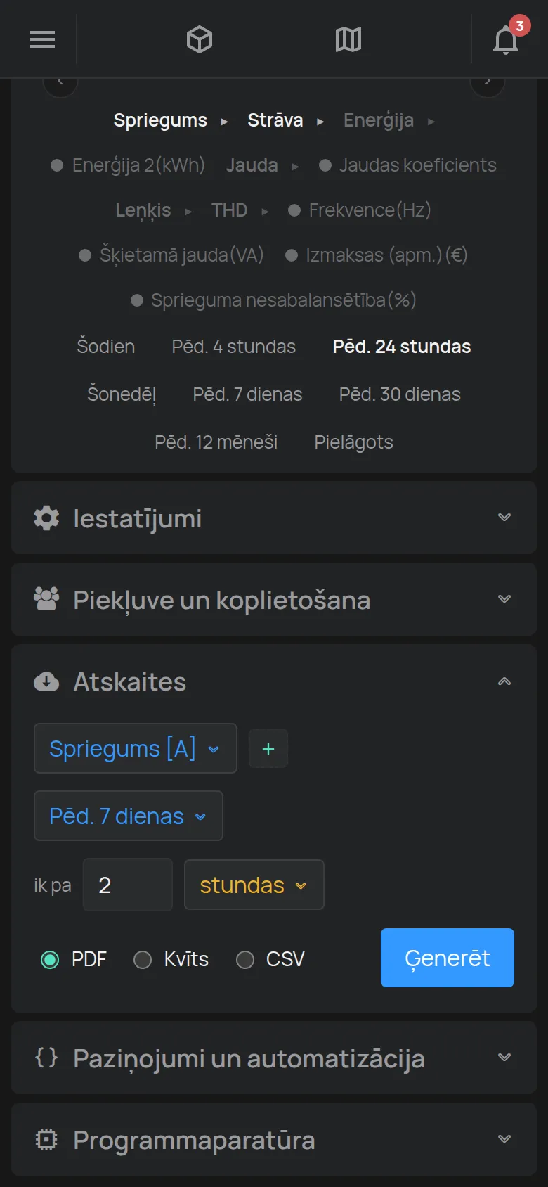 Sadaļa Atskaites ar mērījumu, diapazonu, soli un faila formātu