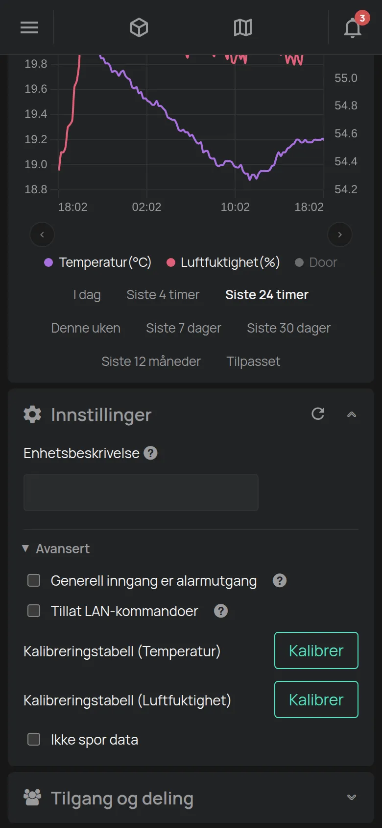 Delen Innstillinger for en sensor med beskrivelsen og kalibreringen