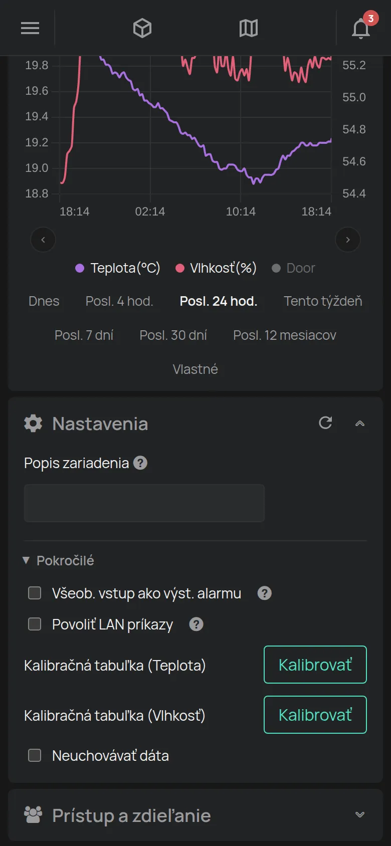 Časť Nastavenia snímača s popisom a kalibráciou