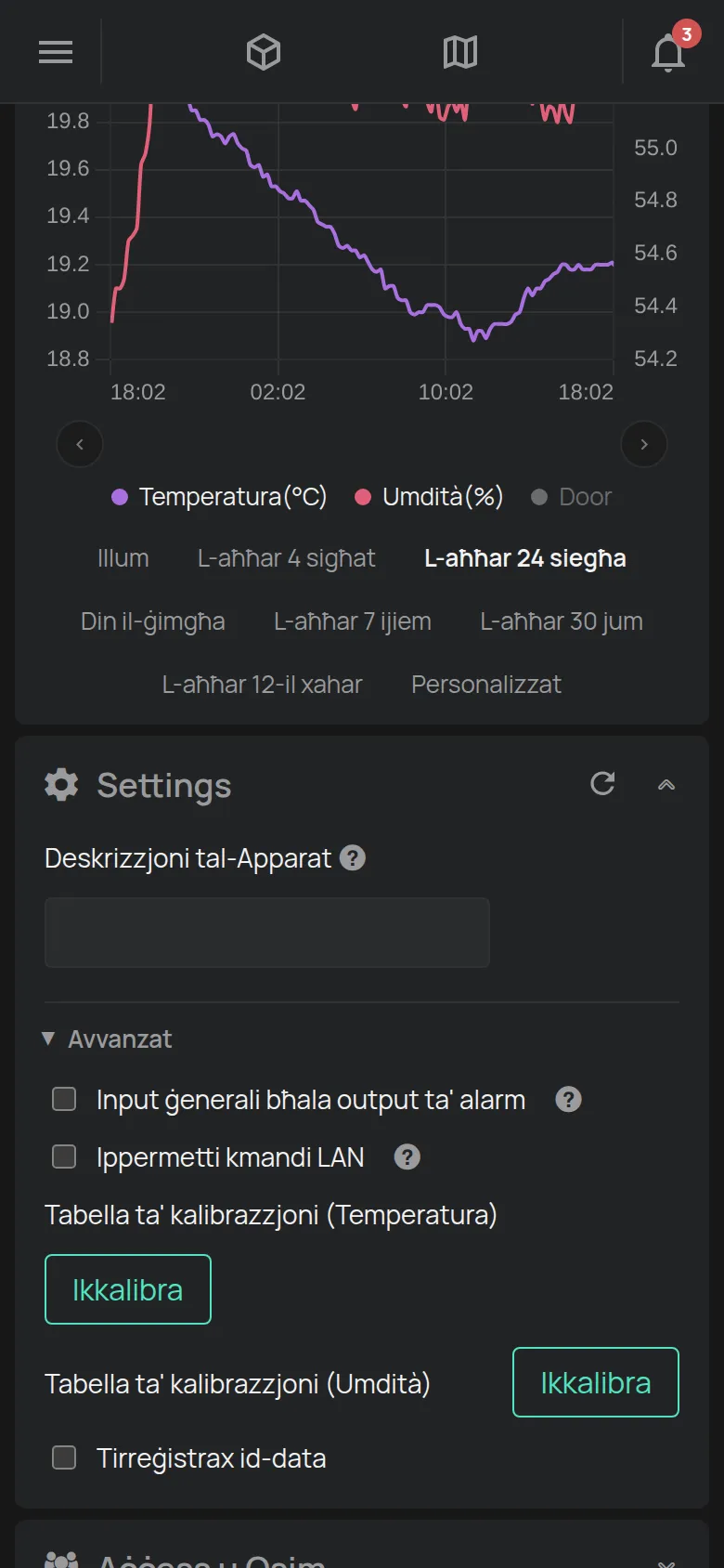 It-taqsima Settings ta' senser bid-deskrizzjoni u l-kalibrazzjoni