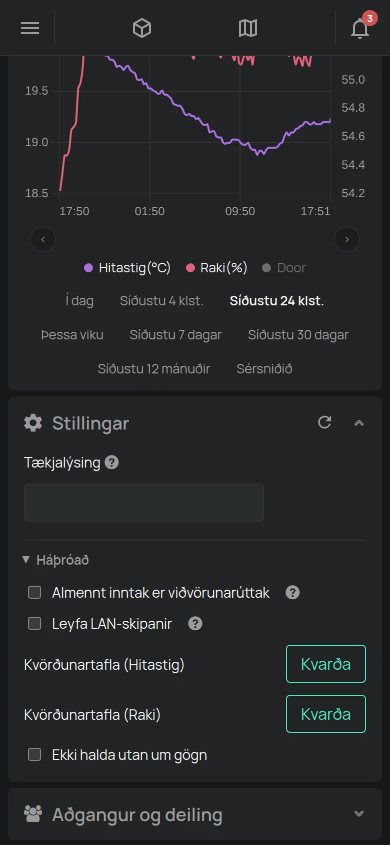Hlutinn Stillingar í skynjara með lýsingunni og kvörðuninni