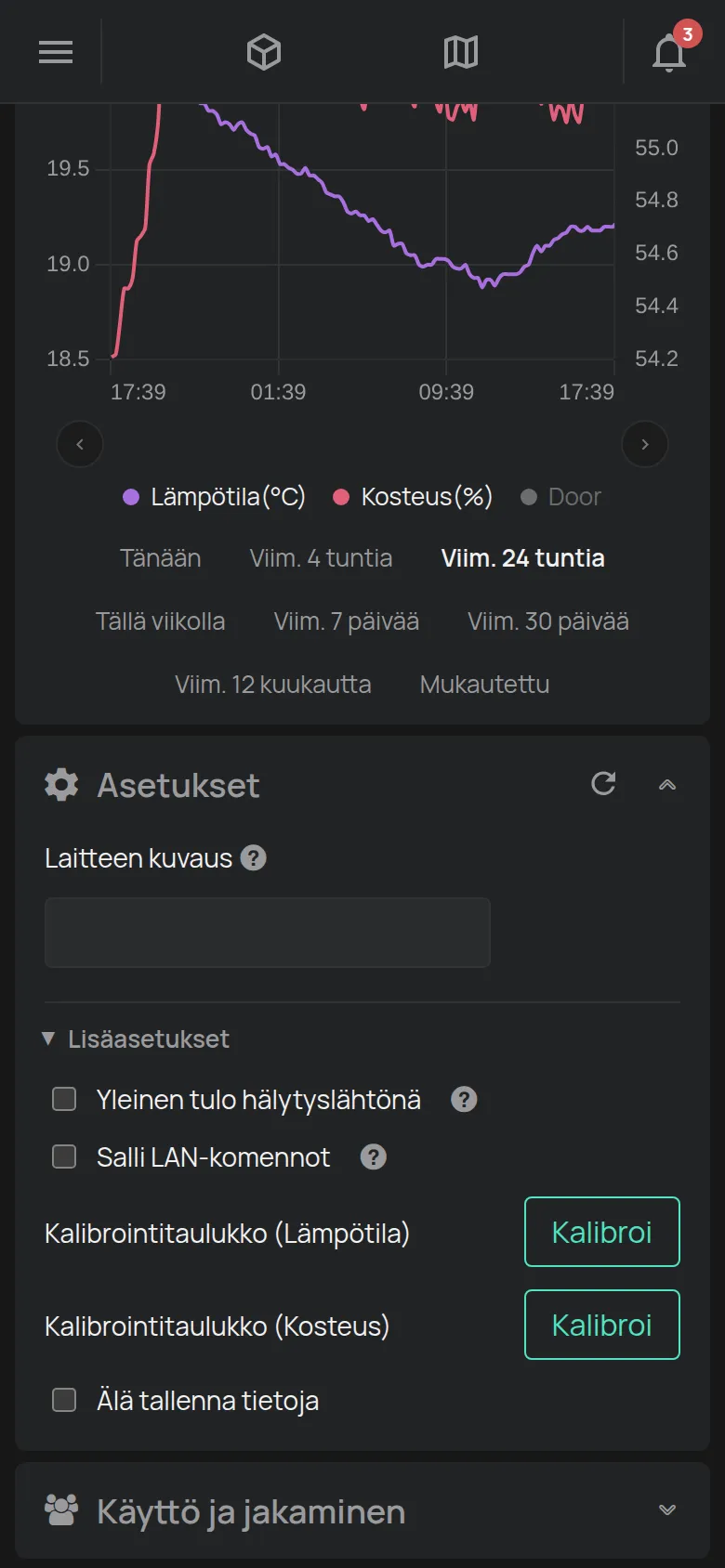 Anturin Asetukset-osio, kuvaus ja kalibrointi