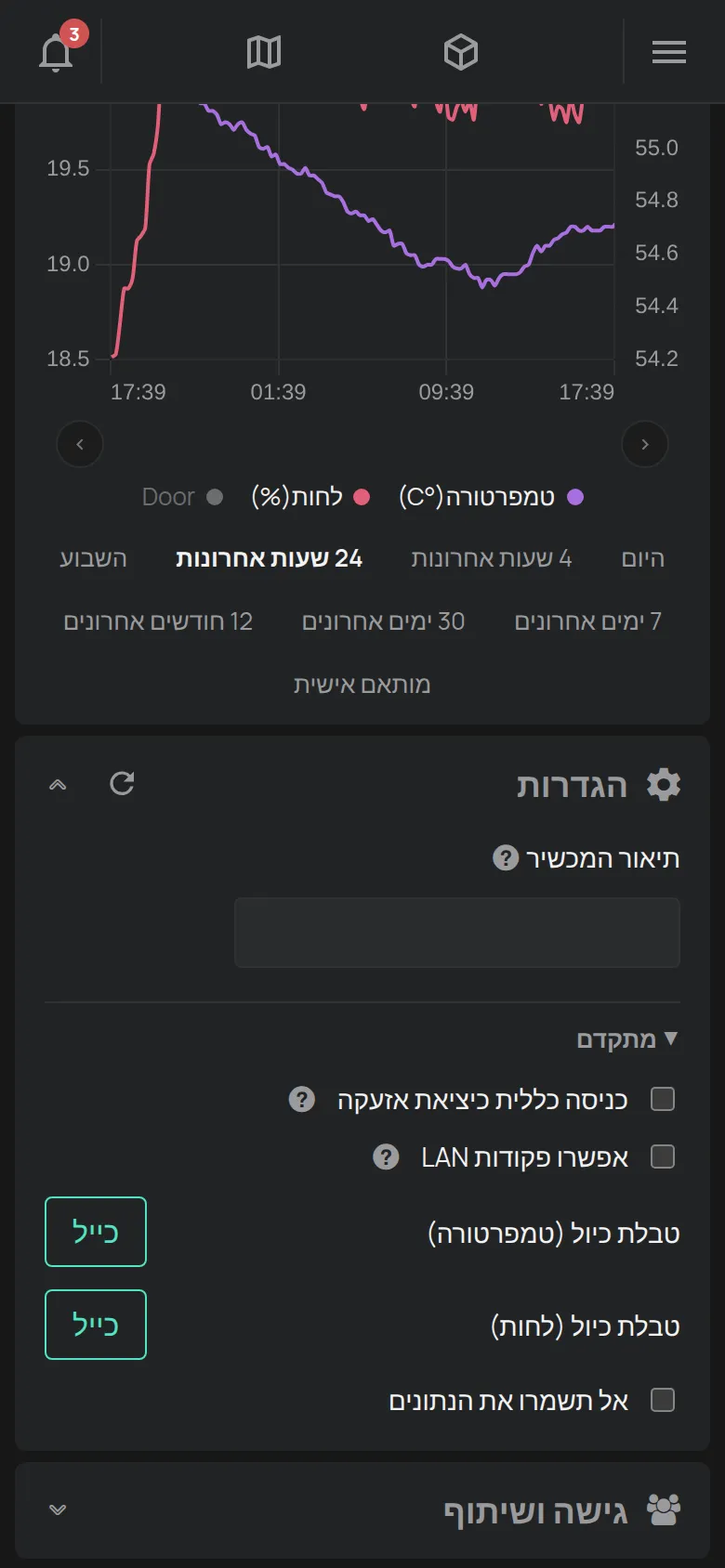 האזור הגדרות של חיישן, עם התיאור ועם הכיול