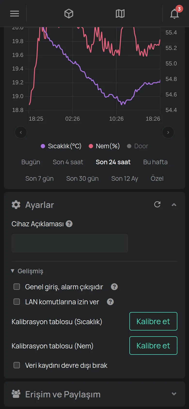 Açıklama ve kalibrasyonla bir sensörün Ayarlar bölümü