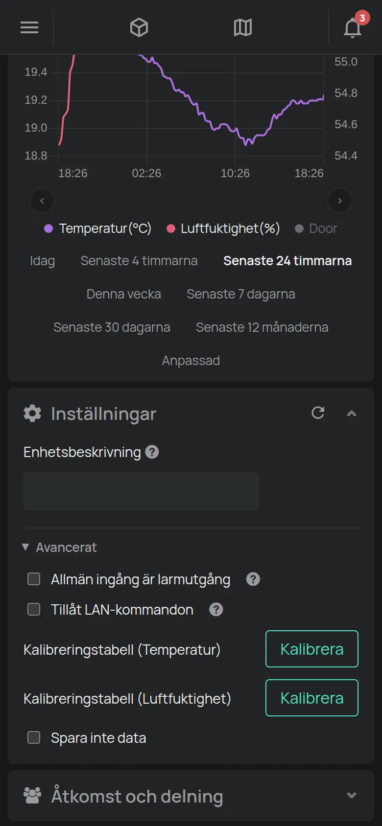 Avsnittet Inställningar för en sensor med beskrivningen och kalibreringen