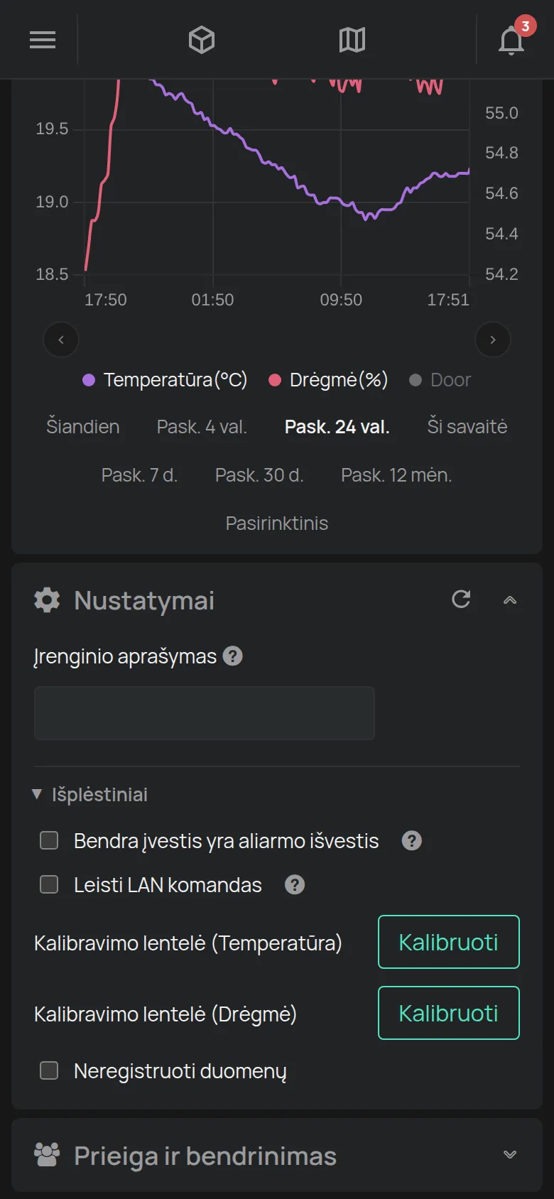 Jutiklio skyrius Nustatymai su aprašymu ir kalibravimu