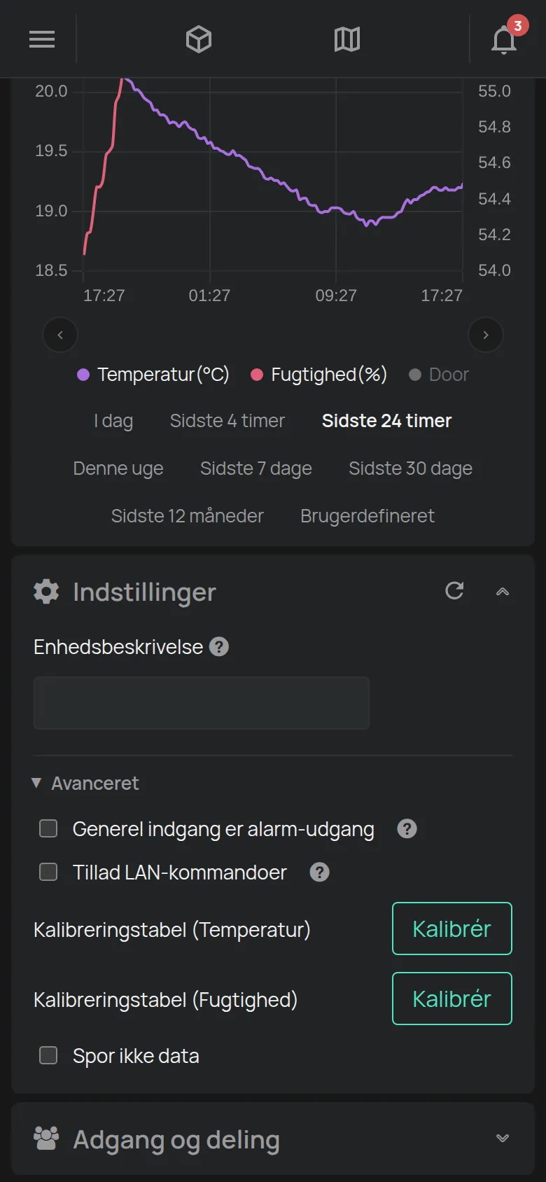 Sektionen Indstillinger for en sensor med beskrivelsen og kalibreringen