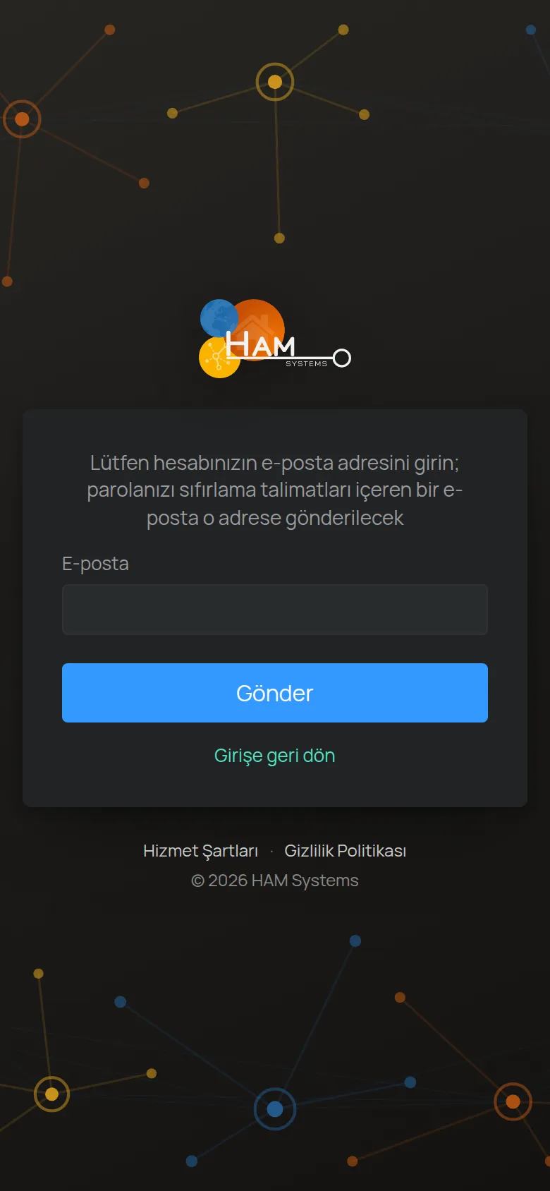 Parolamı unuttum ekranı