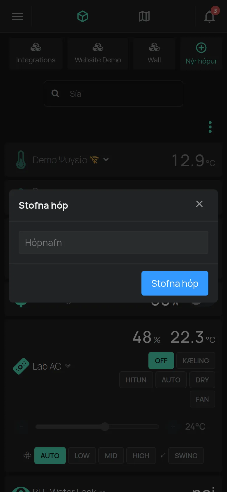 Glugginn Stofna hóp með reitnum Hópnafn