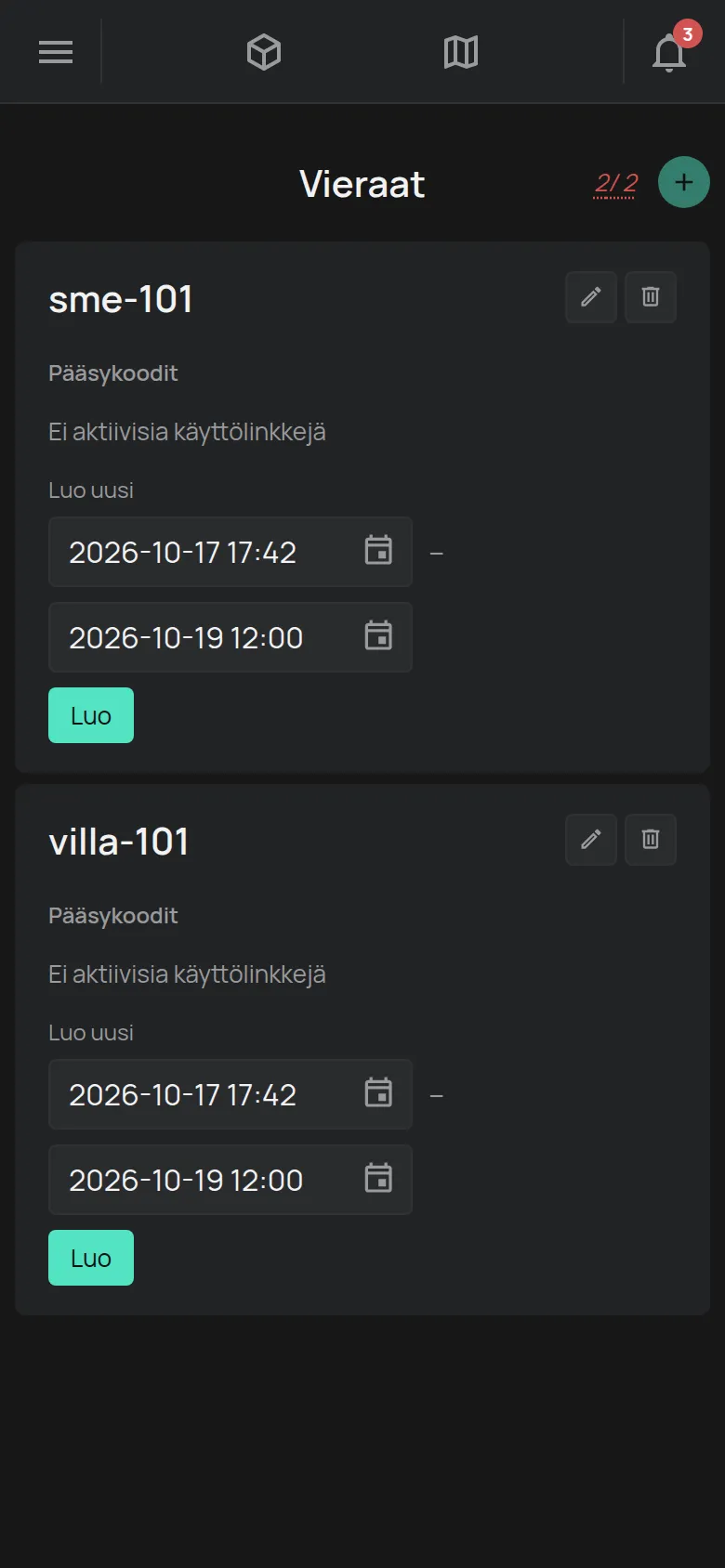 Vieraat-sivu, kaksi vierasta ja linkin luonti