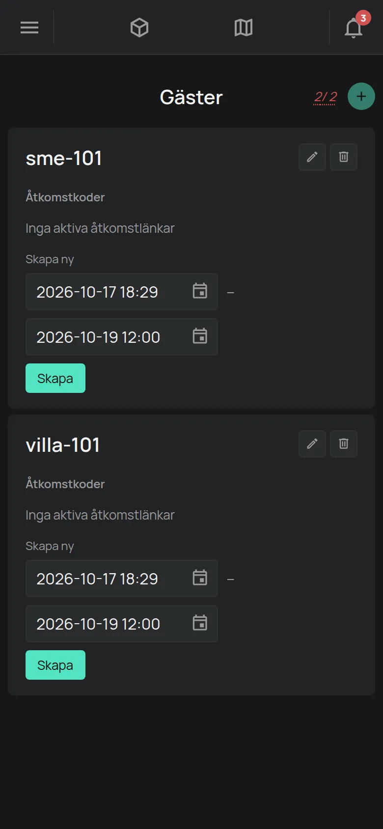 Sidan Gäster med två gäster och skapandet av en länk