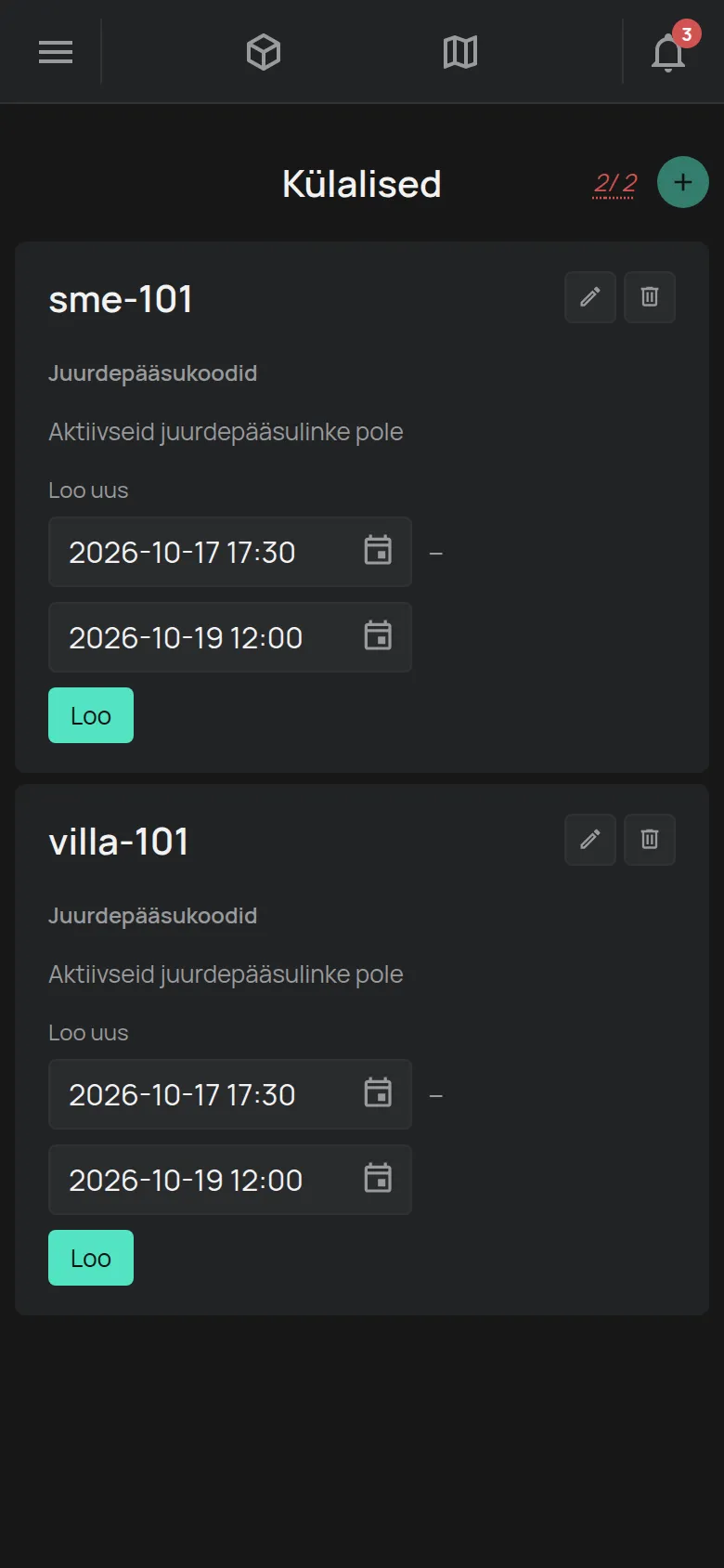 Leht Külalised kahe külalise ja lingi loomisega