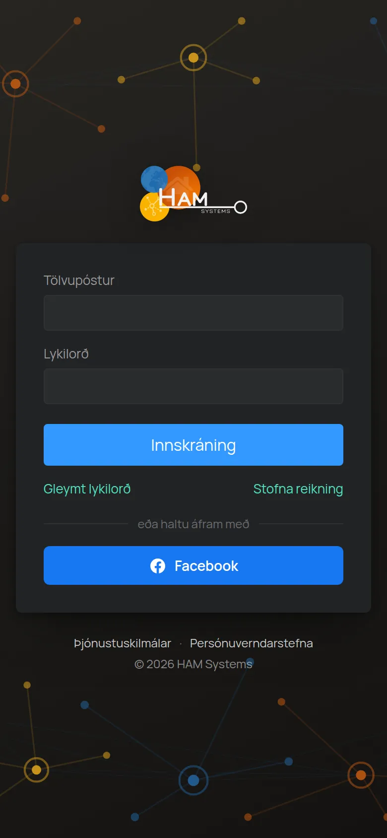 Innskráningarskjár HAM-appsins