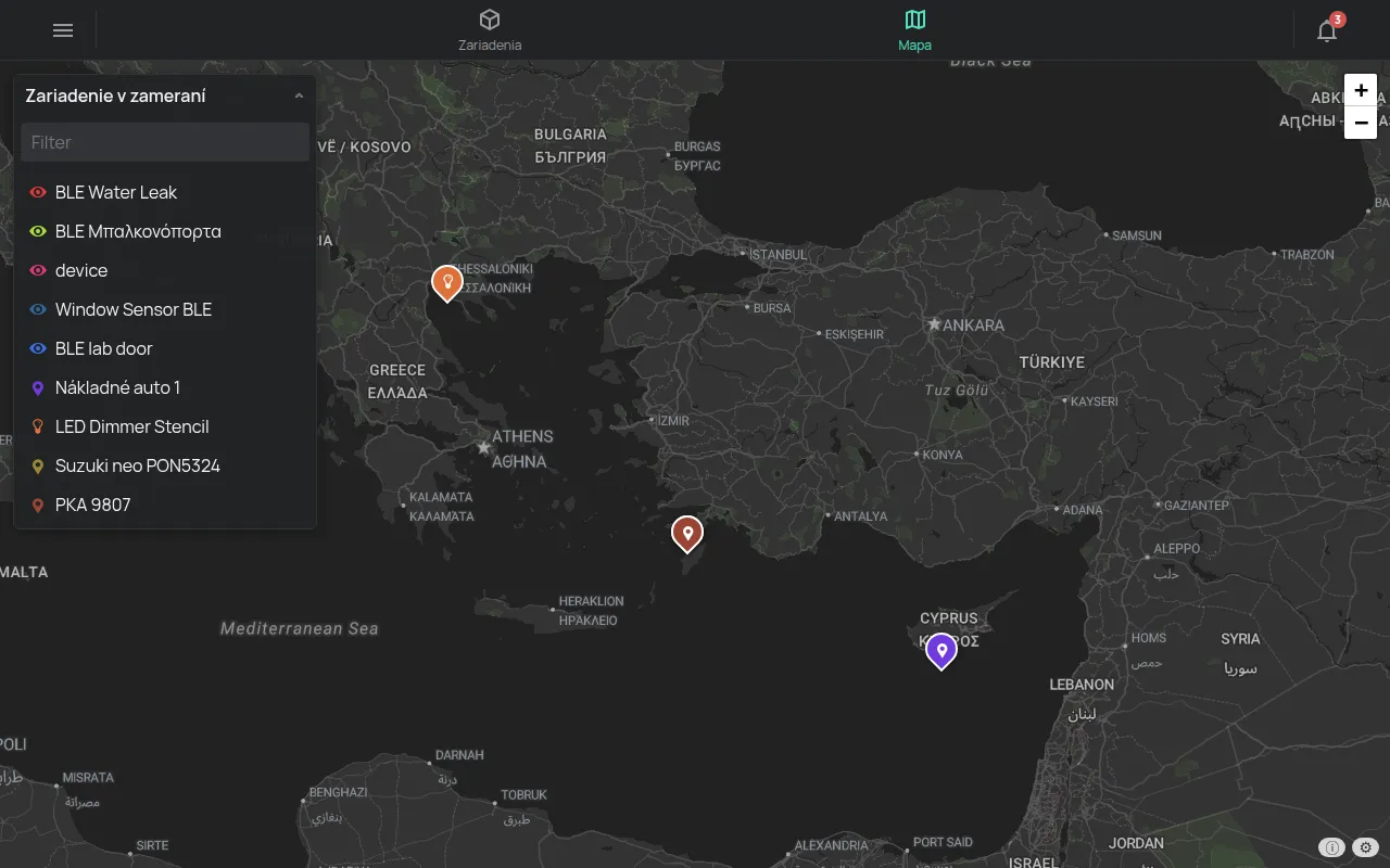 Stránka Mapa so zoznamom Zariadenie v zameraní a zariadeniami na mape