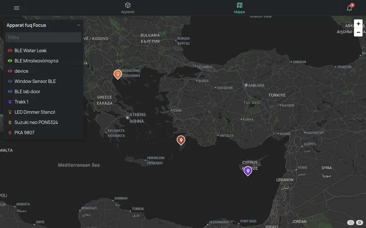 Il-paġna Mappa bil-lista Apparat fuq Focus u l-apparati fuq il-mappa